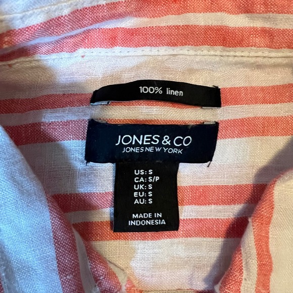 Jones & Co Linen Stripe Button Down Shirt Women Size S Red White Roll Tab Sleeve - Picture 2 of 7